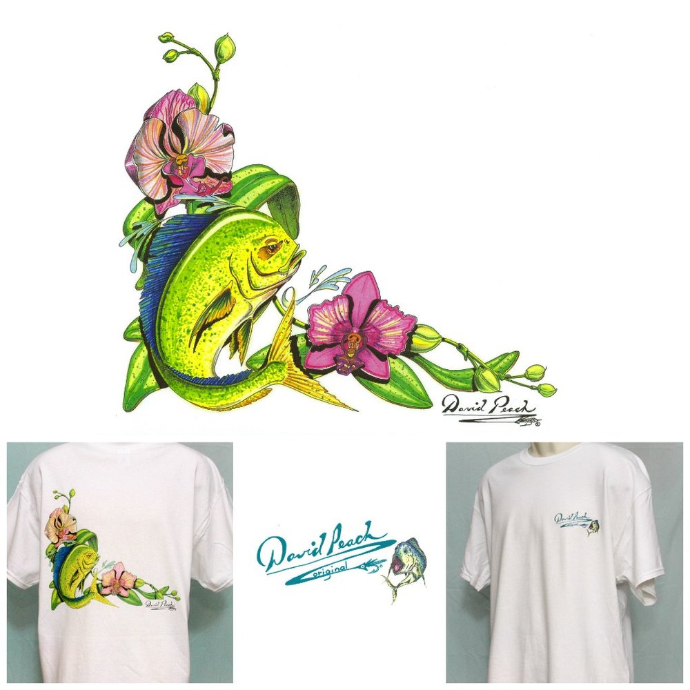 Beautiful Ladies Fishing T-Shirt Pretty Mahi Mahi with Orchid Flowers on Mens XL